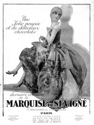 An advert for Marquise de Sevigne chocolate and a Jolie Poupee, Paris, 1920s