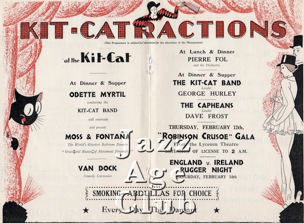 Internal of programme for the Kit Cat Restaurant in the Haymarket, London, 1931