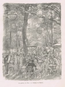 A sketch of dancing and dining outdoors at the Chateau de Madrid, 1920s