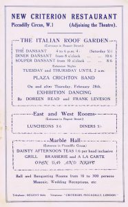 An advert for the Criterion Restaurant, 1920s, featuring the Italian Roof Garden, East and West Rooms and the Marble Hall