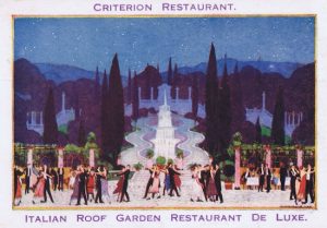 An artist impression of the interior of the Italian Roof Garden at the Criterion Restaurant showing the Italian murals