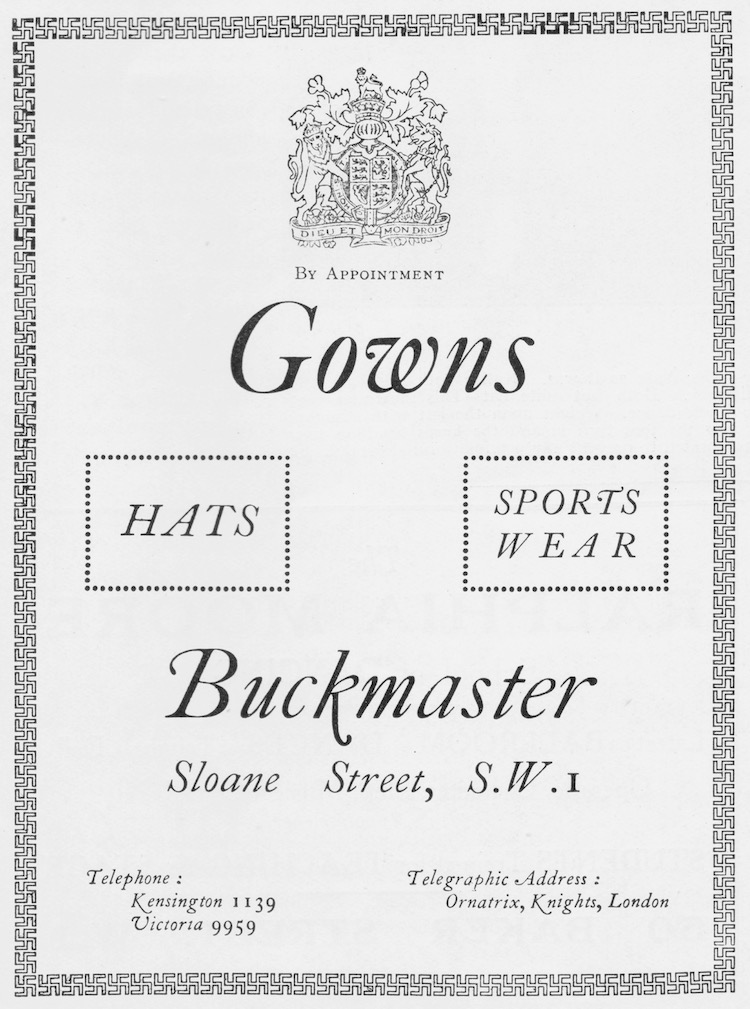 Advert for the London couture establishment of Buckmaster, 1926