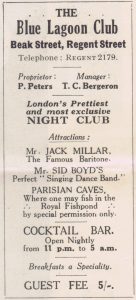 Advert for the Blue Lagoon Club, London, 1926