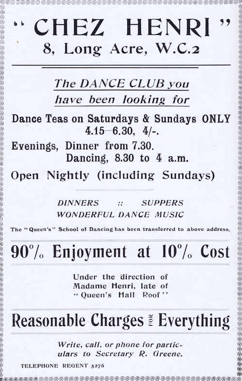 Advert for Chez Henri, London, 1920s