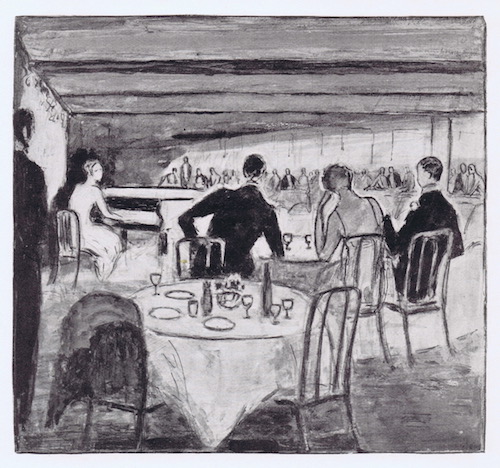 A sketch of the interior of Chez Henri, London, 1920s with a cabaret performance of a singer at the piano