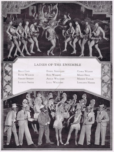 A page from the programme or brochure from the Club Alabam cabaret show, New York, in 1926 detailing the names of the ladies of the ensemble and showing two scenes: at the top the Banana Isle number
