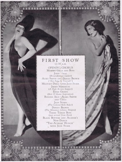 A page from the programme or brochure from the Club Alabam cabaret show, New York, in 1926 that details the numbers in the First Show from 12.30am
