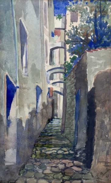 A painting of a street in San Remo by Fidi Grube, 1925