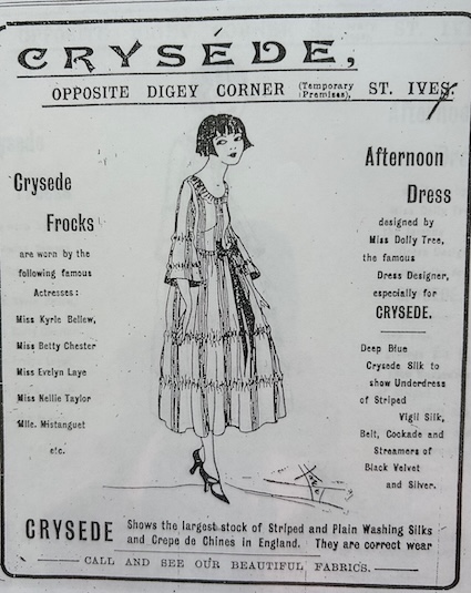 Advert for Crysede featuring a costume design by Dolly Tree, 1921