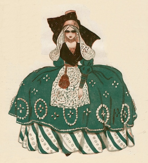 Costume design by Dolly Tree for a Dutch festival dress worn in the Peepshow at the London Hippodrome, 1921