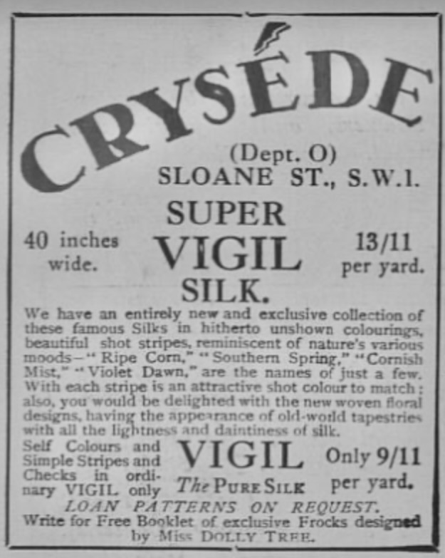 Advert for Crysede mentioning Dolly Tree from various magazines in the summer of 1921