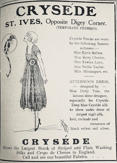 Advert for Crysede featuring a costume design by Dolly Tree, 1921